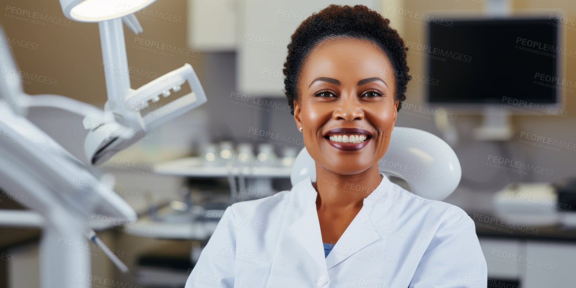 Buy stock photo Dentist, happy female and orthodontist in a medical office for dentistry, teeth and dental health. Confident, smile or friendly woman in a hospital for surgery, diagnosis or professional occupation