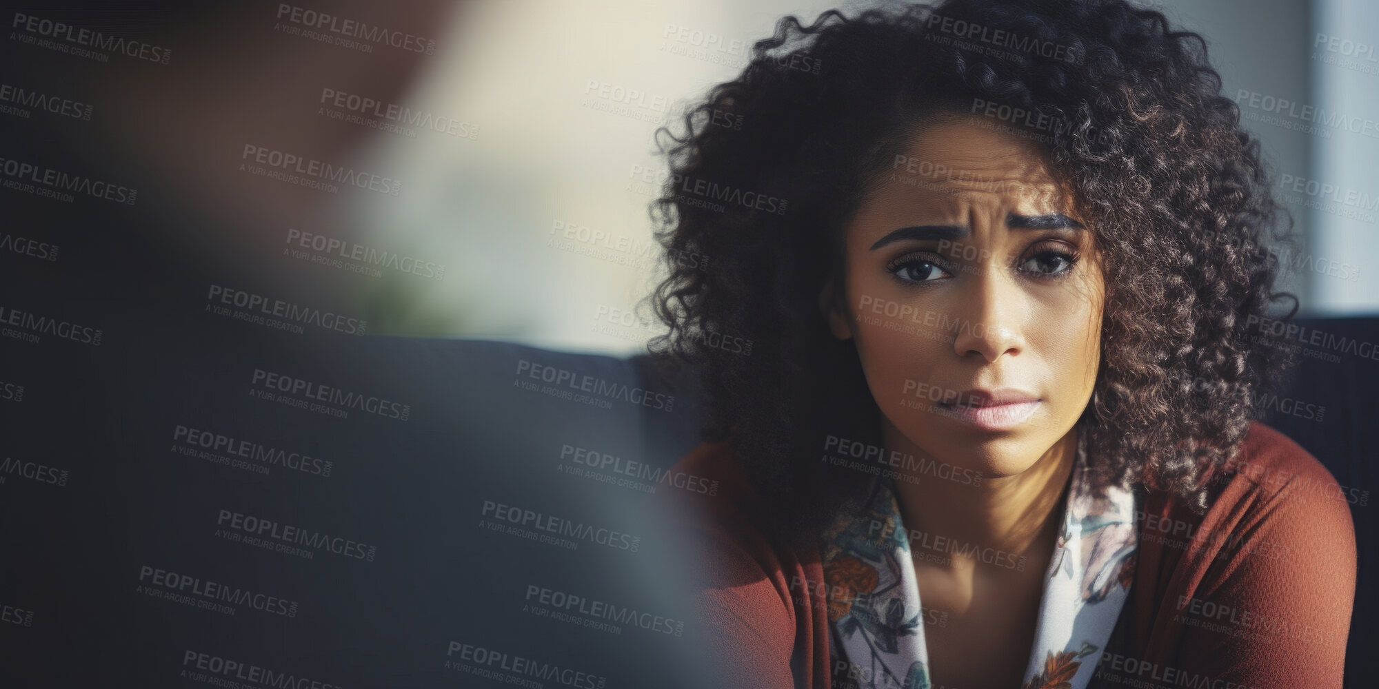 Buy stock photo Psychology, young and woman talking to a psychologist for mental health, psychotherapy and counselling. Sad, depressed and black american female talking to a therapist for anxiety, stress or PTSD