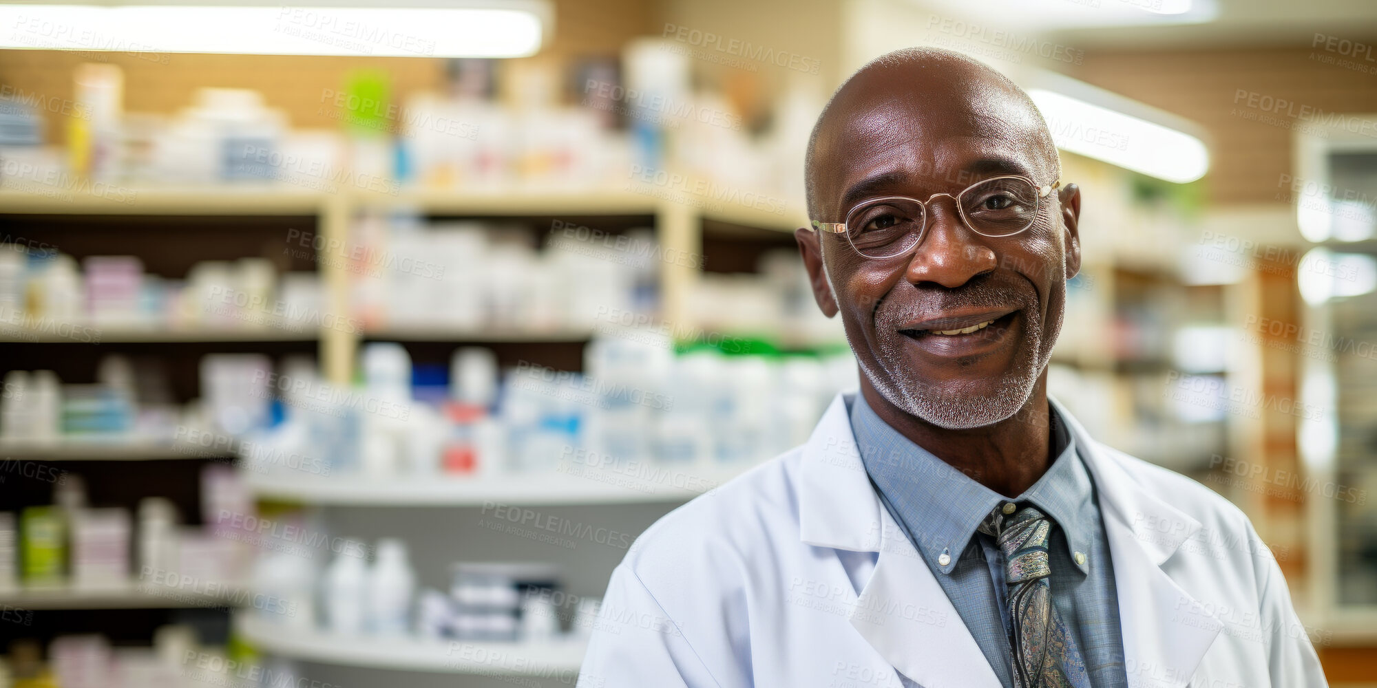 Buy stock photo Portrait, mature male and pharmacist in store for healthcare, medicine and medical service. Confident, smile or friendly senior man in a pharmacy for medication, health or professional occupation