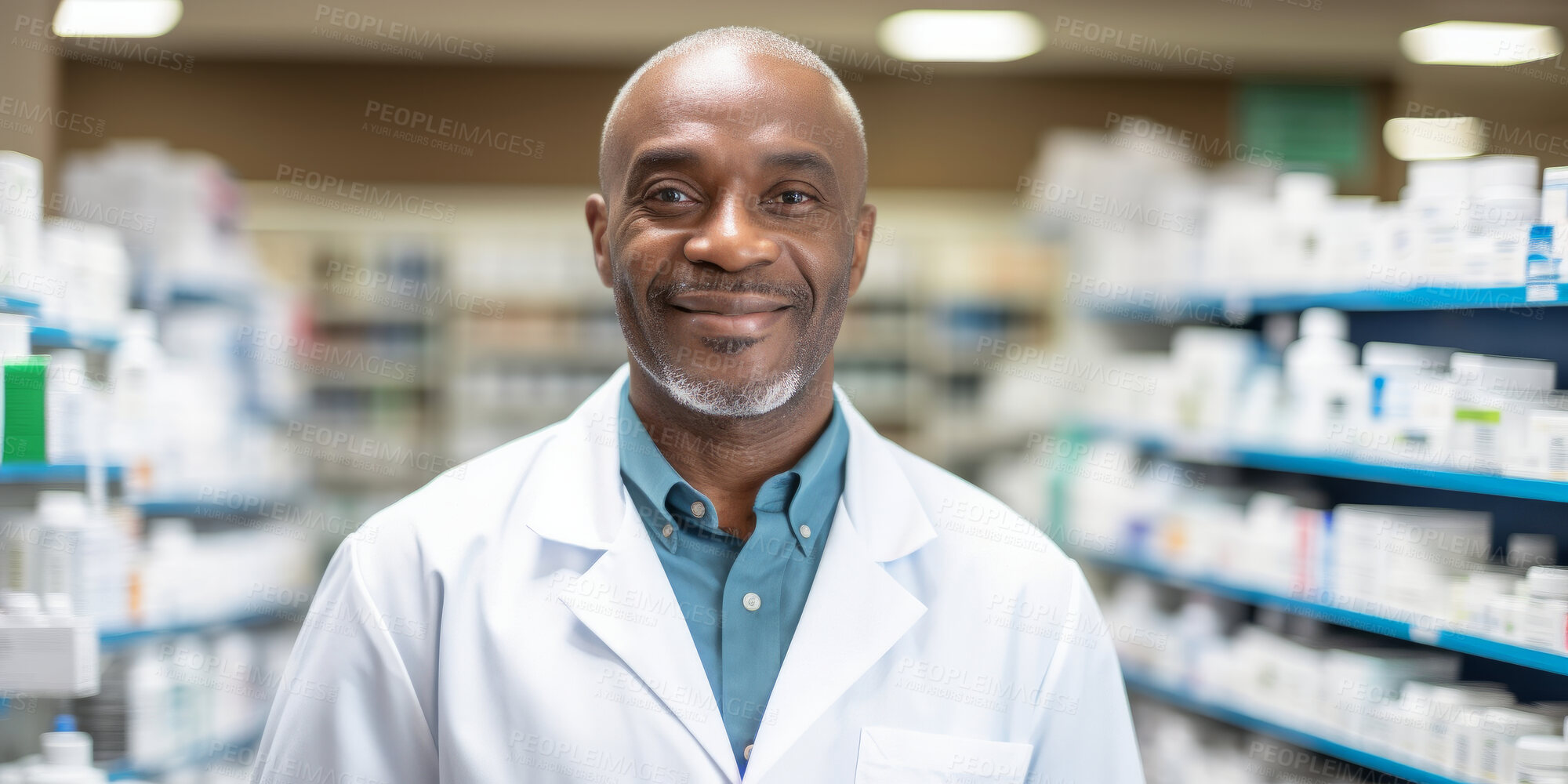 Buy stock photo Portrait, mature male and pharmacist in store for healthcare, medicine and medical service. Confident, smile or friendly senior man in a pharmacy for medication, health or professional occupation