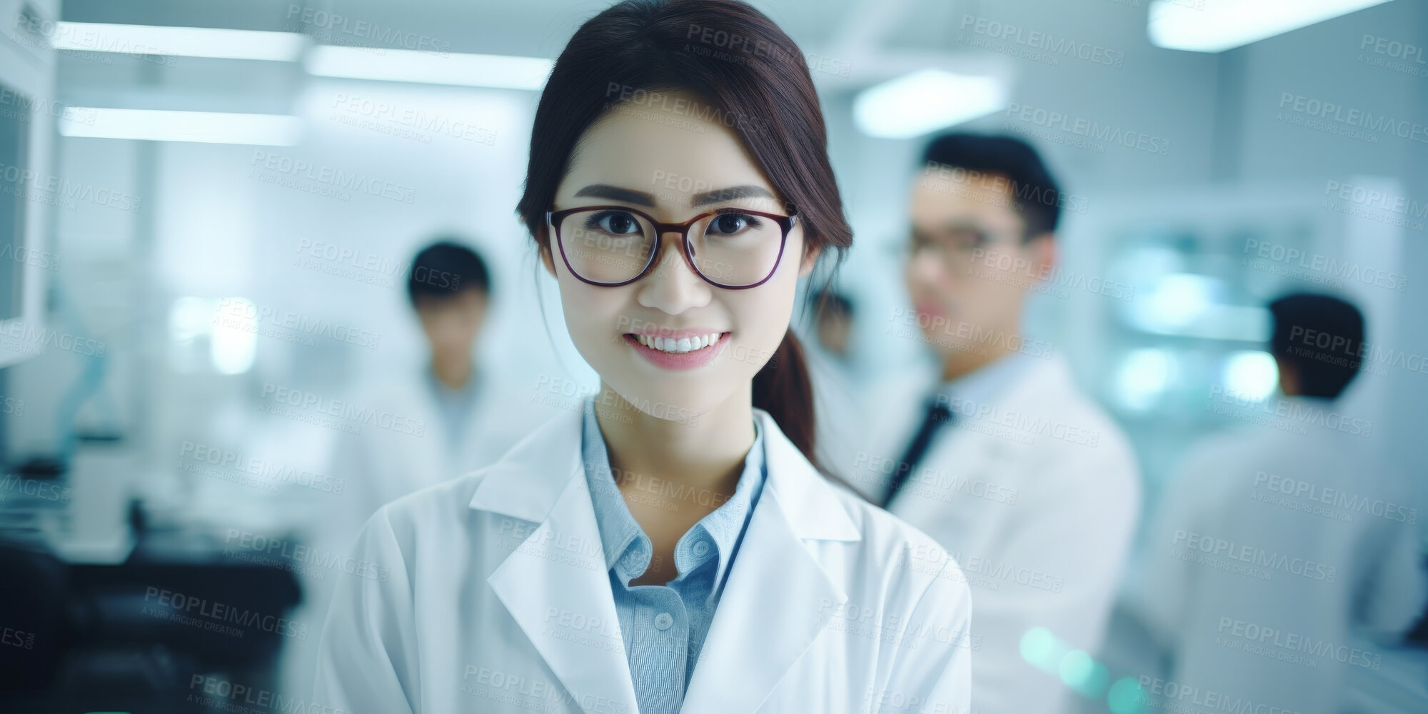 Buy stock photo Portrait, scientist or asian female professional working in a laboratory for medical science research, biotechnology or chemistry. Confident, student or young man wearing a lab coat for science