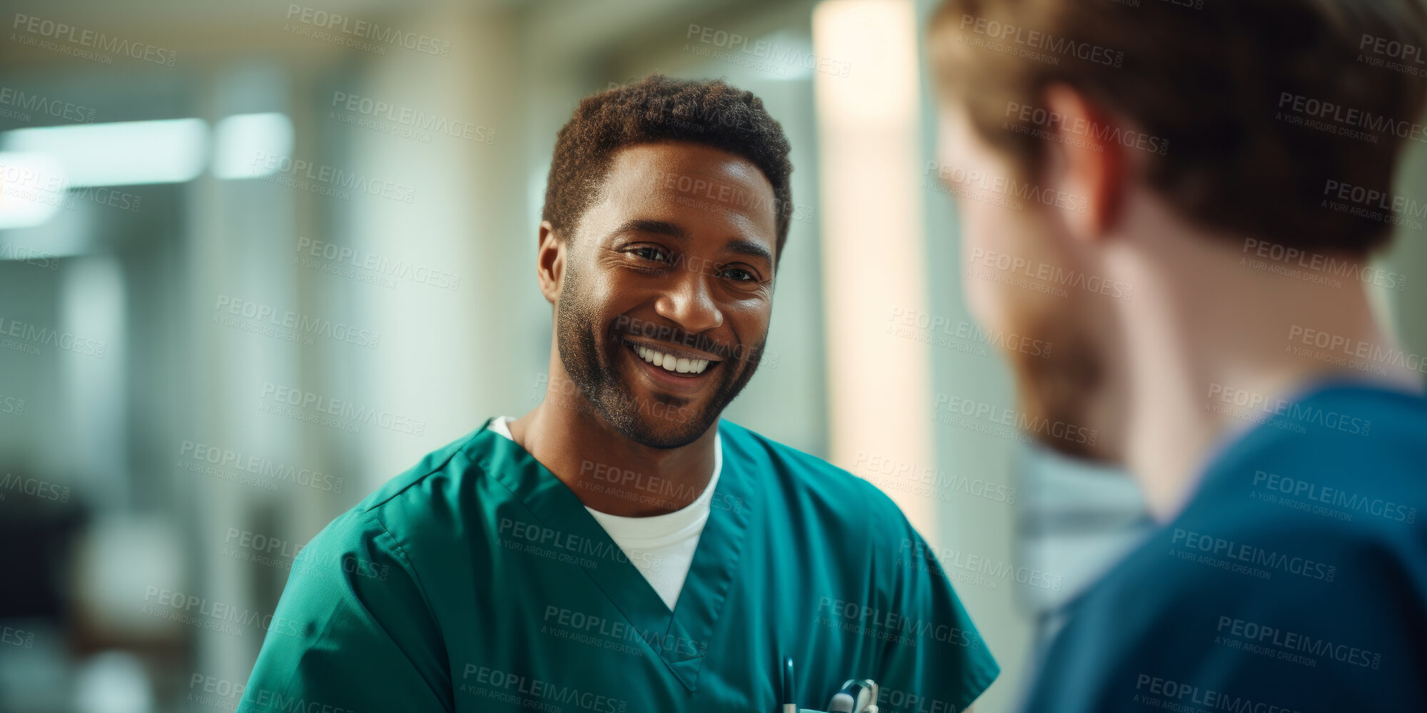 Buy stock photo Doctors, male nurse or discussion in hospital for healthcare, planning research or surgery teamwork in wellness hospital. Talking, smiling or medical staff for surgery success or collaboration help