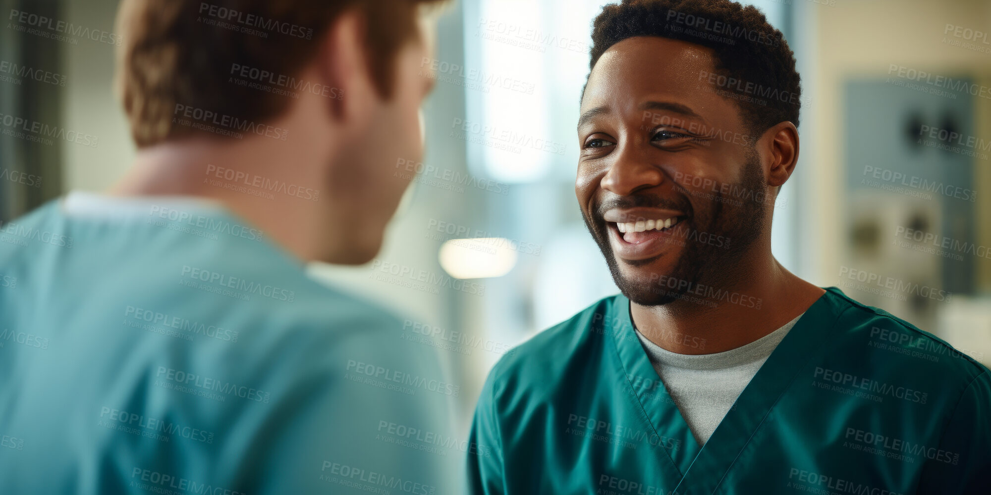 Buy stock photo Doctors, male nurse or discussion in hospital for healthcare, planning research or surgery teamwork in wellness hospital. Talking, smiling or medical staff for surgery success or collaboration help