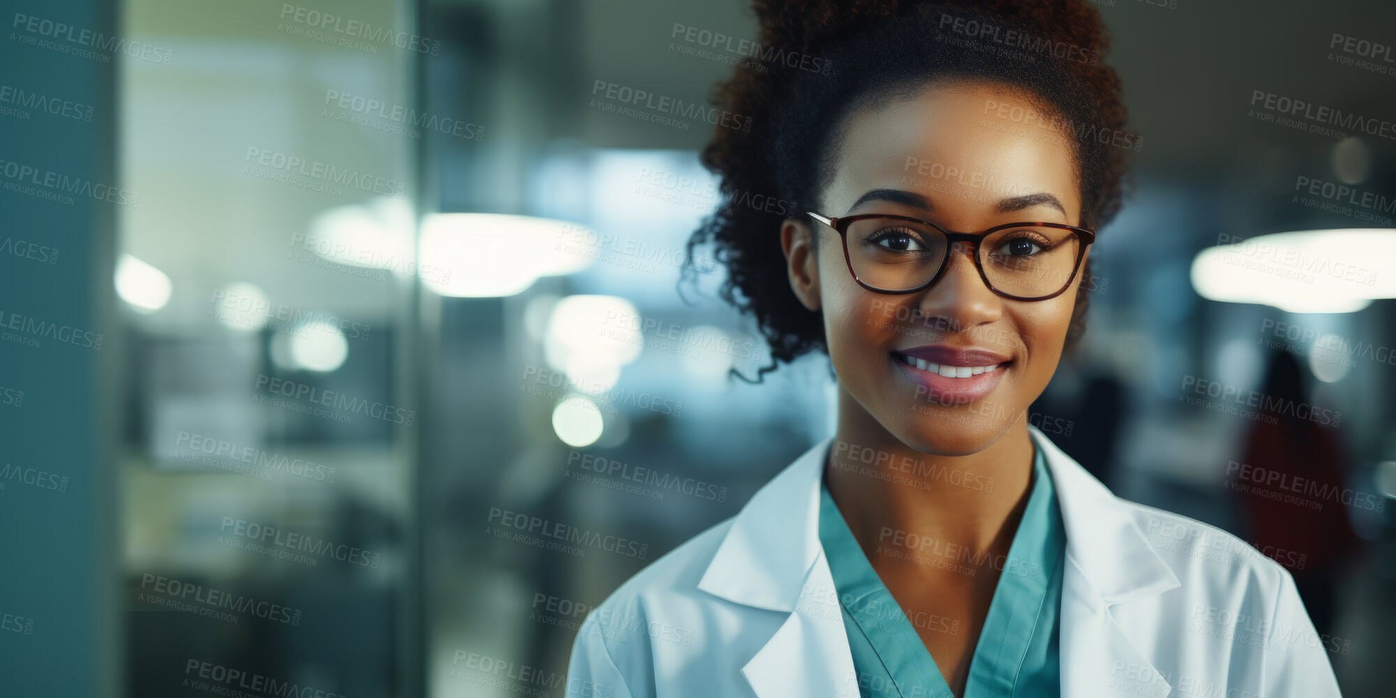 Buy stock photo Portrait, young female and doctor in a hospital for healthcare, surgeon and medical service. Confident, smile and friendly woman in a clinic for consultation, health exam, professional occupation