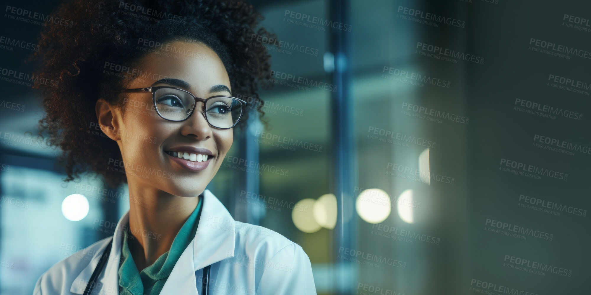 Buy stock photo Portrait, young female and doctor in a hospital for healthcare, surgeon and medical service. Confident, smile and friendly woman in a clinic for consultation, health exam, professional occupation