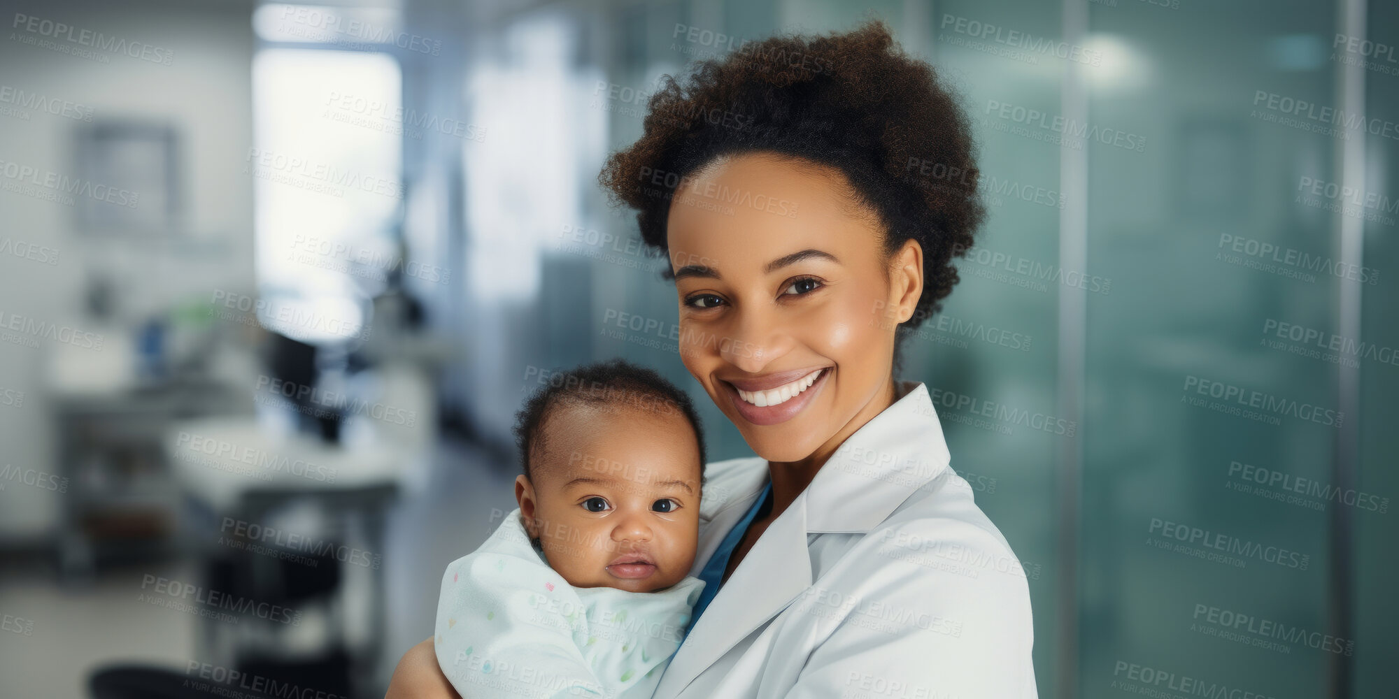 Buy stock photo Portrait, Paediatrician and doctor holding a newborn baby in a clinic for exam, growth development and health. Happy, smile and caring medical professional in a hospital for infant care and patient