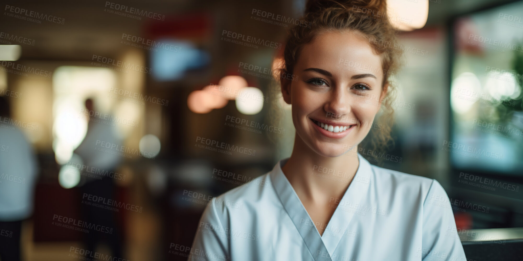 Buy stock photo Portrait, female and nurse in a hospital or clinic for healthcare, intern or medical service. Confident, smile and friendly woman wearing scrubs for assistance, care or professional occupation