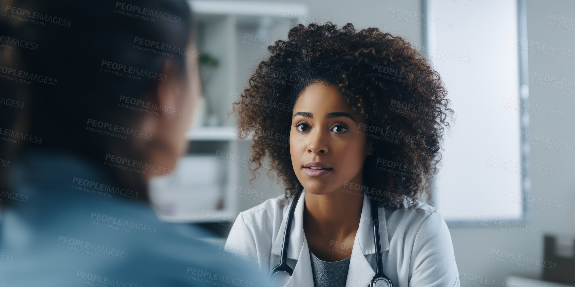 Buy stock photo Doctor, female patient and conversation in an office for medical exam results or consultation in a hospital. Confident, woman and serious discussion about health, insurance or treatment for illness