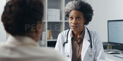 Doctor, female patient and conversation in an office for medical exam results or consultation in a hospital. Confident, woman and serious discussion about health, insurance or treatment for illness