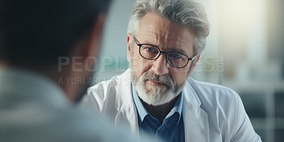 Doctor, male patient and conversation in an office for medical exam results or consultation in a hospital. Confident, man and serious discussion about health, insurance or treatment for illness