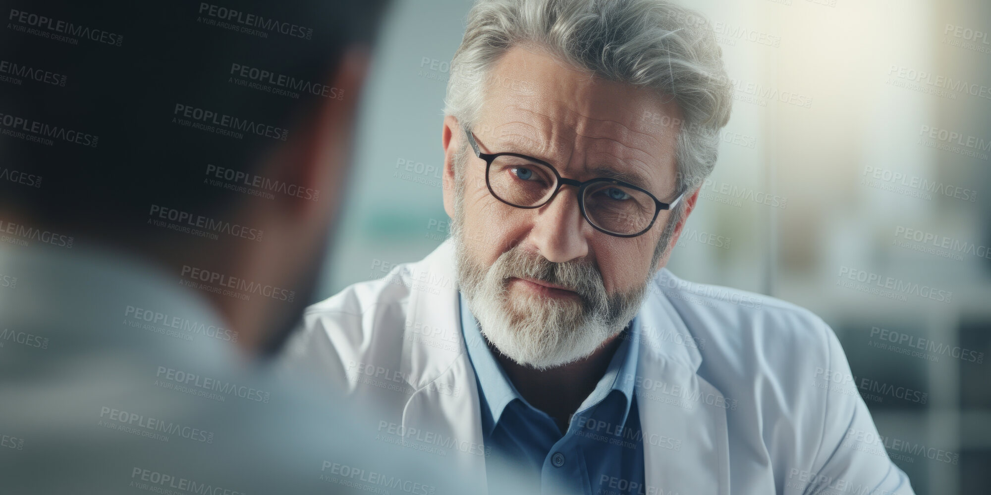 Buy stock photo Doctor, male patient and conversation in an office for medical exam results or consultation in a hospital. Confident, man and serious discussion about health, insurance or treatment for illness