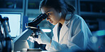 Scientist, female and professional working in a laboratory for medical research, biotechnology or chemistry. Confident, student or woman looking at medical results, data or scientific development