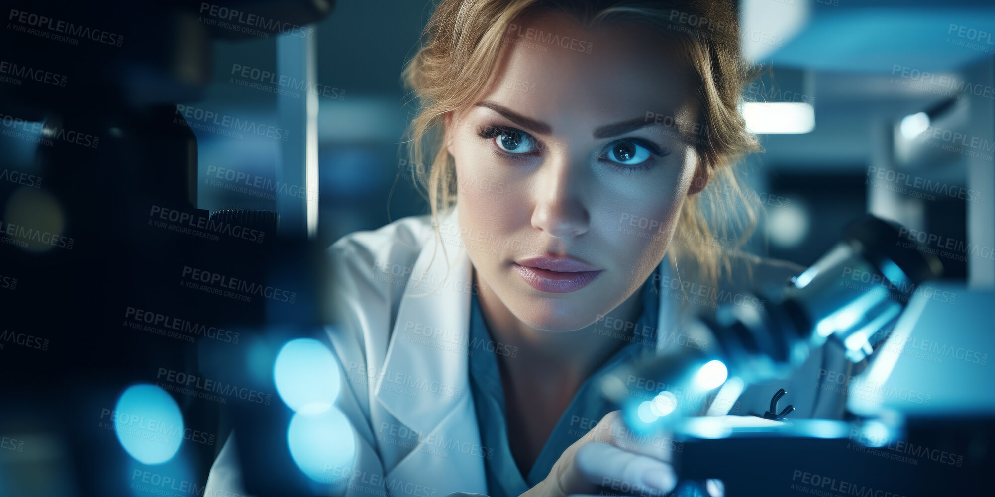 Buy stock photo Scientist, female and professional working in a laboratory for medical research, biotechnology or chemistry. Confident, student or woman looking at medical results, data or scientific development