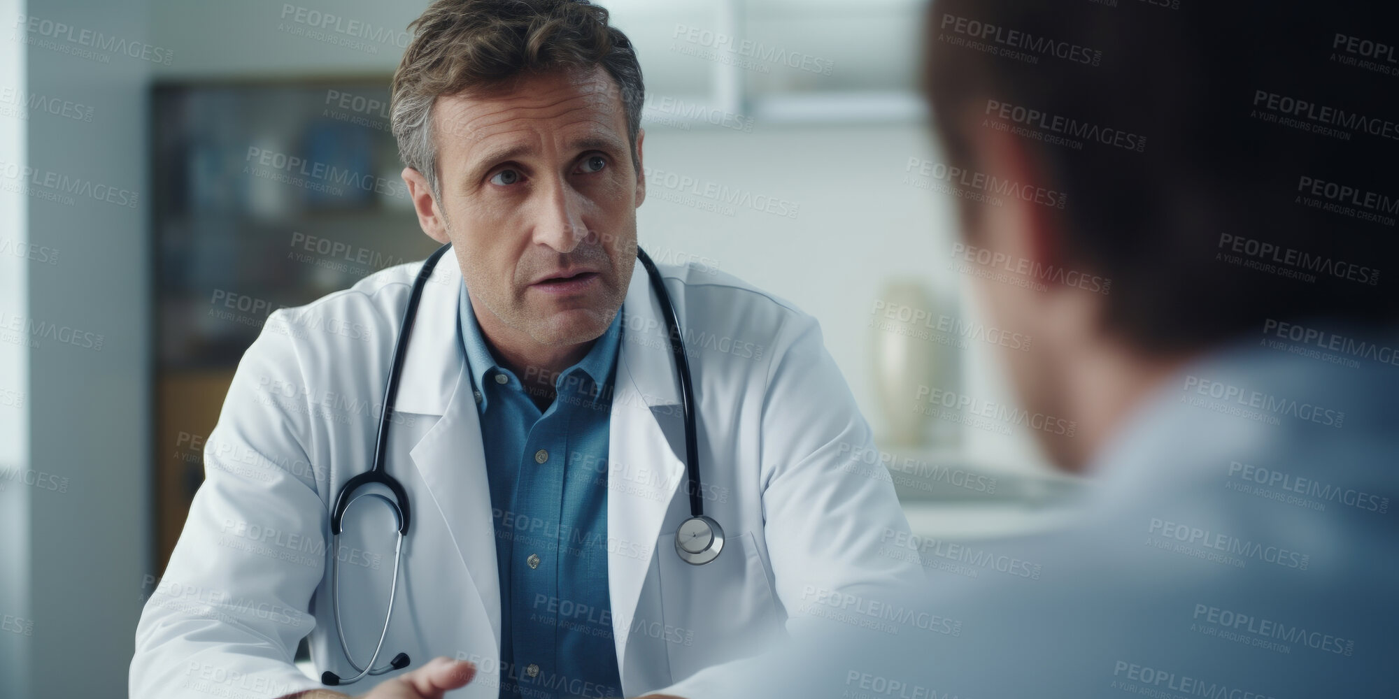 Buy stock photo Doctor, male patient and conversation in an office for medical exam results or consultation in a hospital. Confident, man and serious discussion about health, insurance or treatment for illness