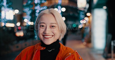 Buy stock photo Portrait, happy woman and night in Japanese city of Tokyo with freedom on travel, adventure or journey. Gen z, girl or excited to explore urban town street on vacation or holiday with neon lights