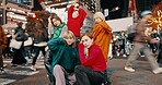 City, urban fashion and Japanese friends with gen z, youth culture and streetwear style outdoor in Japan with group. Young people, travel and road with teen clothing, women and together in town