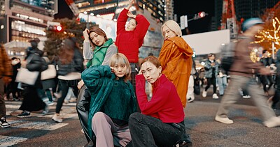 Buy stock photo City, urban fashion and Japanese friends with gen z, youth culture and streetwear style outdoor in Japan with group. Young people, travel and road with teen clothing, women and together in town