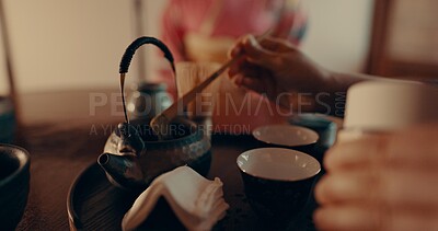 Buy stock photo Traditional, matcha and Japanese women with tea for culture with leaves and powder in tearoom. Friends, ceremony and people with herbal beverage for wellness, mindfulness or detox for drinking ritual