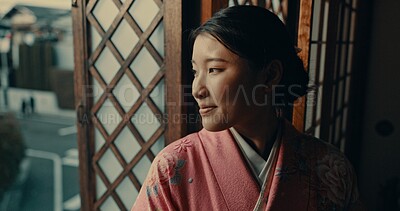 Buy stock photo Japanese woman, window view and kimono for traditional style in home, ideas or remember by street. Girl, person or thinking with vision, happy memory or mindfulness in morning at apartment in Tokyo