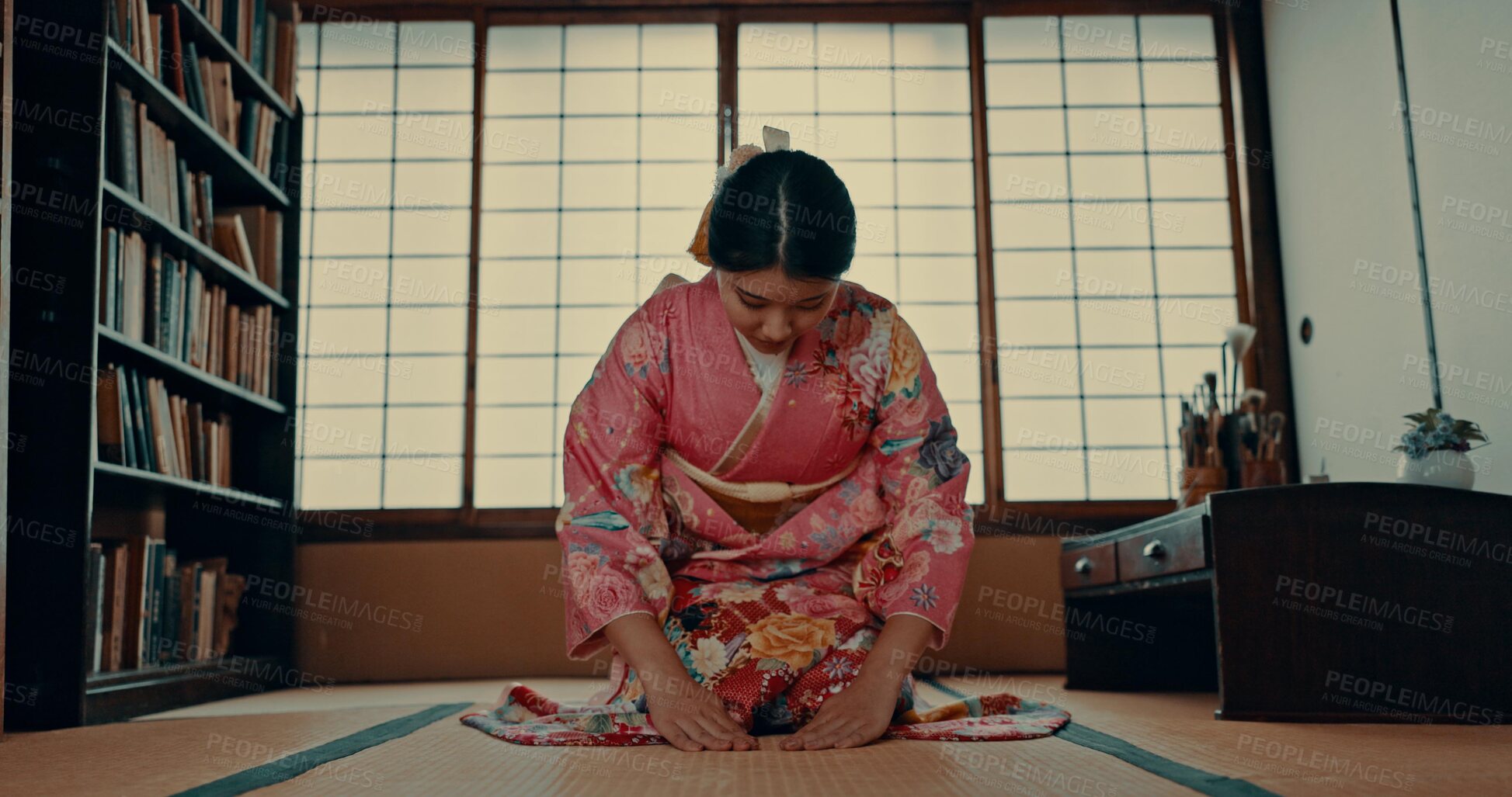 Buy stock photo Woman, Japanese and traditional spiritual respect in Chashitsu room for ritual, gratitude or wellness. Asian person, kneel and kimono dress for practice mindfulness healing, Tokyo or tea ceremony