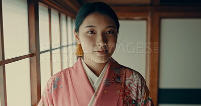 Buy stock photo Japanese woman, portrait and kimono for ceremony in Chashitsu room with traditional fashion. Vintage, style and girl with pride, respect and honor for culture, heritage and waiting for matcha or tea