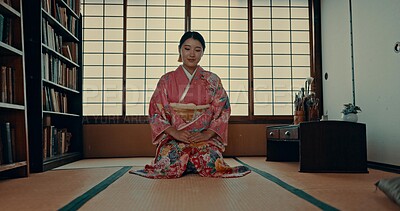 Buy stock photo Woman, Japanese and spiritual wellness in traditional tatami room for zen culture, gratitude or ritual. Asian person, kneel and kimono for mindfulness care healing or bamboo floor, worship or holy