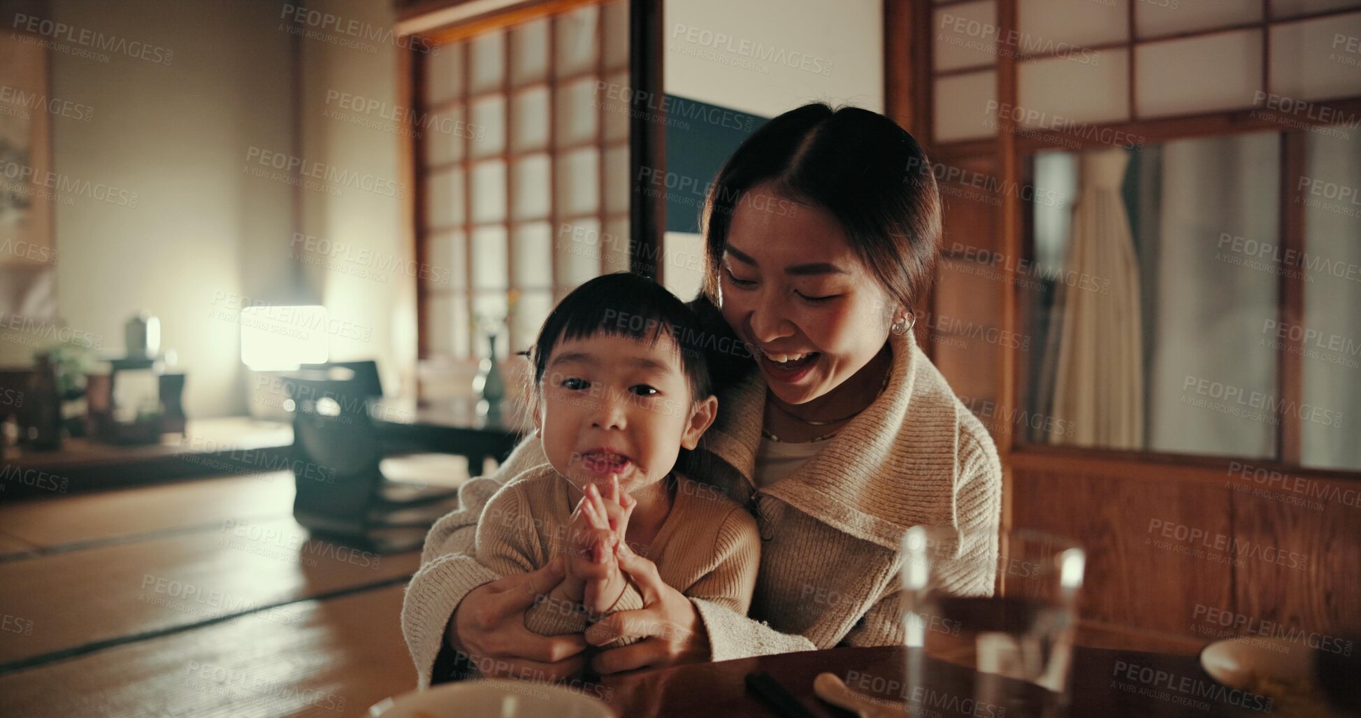 Buy stock photo Food, home and Japanese mother and child at table for lunch, breakfast and eating meal together. Happy family, culture and mom and young girl in traditional house for bonding, relationship and love