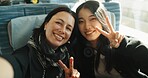 Women, peace sign and selfie on train, portrait and japan public transportation on metro bullet. Friends, emoji and happy face on fast vehicle on vacation trip and commute to tokyo city for adventure