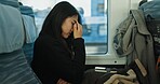 Train, tired and woman in city for travel, commute and journey on metro transportation in town. Passenger, railway and person with headache, frustrated and exhausted on trip in public transport