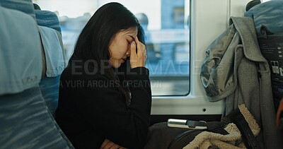 Buy stock photo Train, tired and woman in city for travel, commute and journey on metro transportation in town. Passenger, railway and person with headache, frustrated and exhausted on trip in public transport