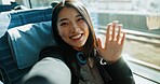 Train, selfie and portrait of woman wave in city for travel, commute and journey on metro transportation in town. Passenger, railway and face of happy person take picture on trip in public transport