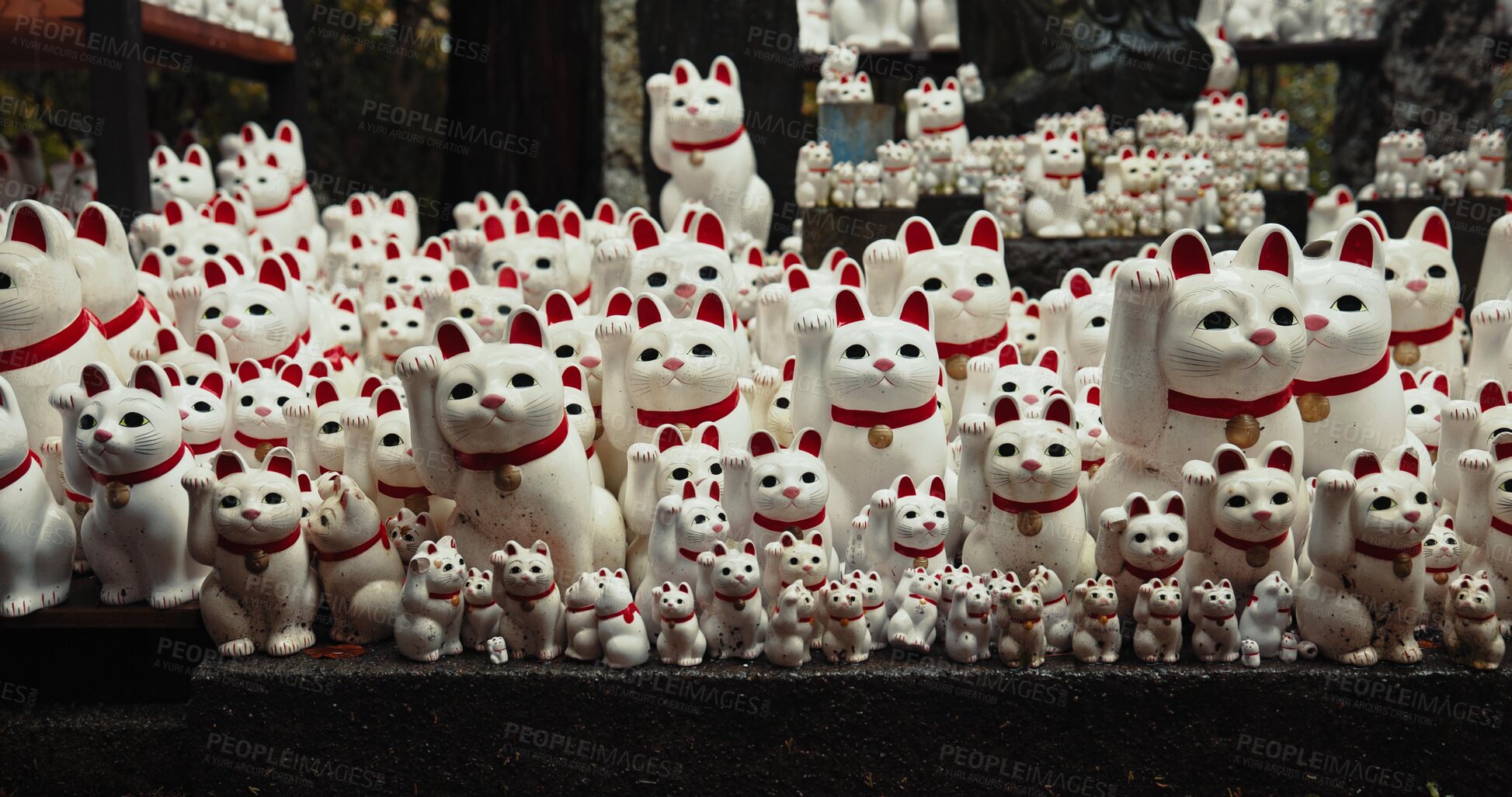 Buy stock photo Lucky cat, statue and Shinto temple by shrine, trees and forest with wish, faith or trees in environment. Animal, toys and praise for religion, worship or Buddhism with icon, symbol or wave in Japan