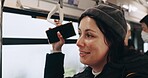 Woman, smartphone and thinking in train, travel and hand holding handle for balance, safety and memory. Girl person and phone with ideas, smile or public transport on railway infrastructure in Tokyo