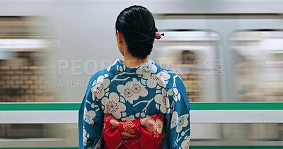 Buy stock photo Woman, Japanese train station and kimono traditional dress for transport, journey or metro railway. Commute, motion blur and travelling on urban platform, locomotive in Tokyo and female person