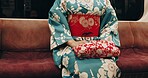 Person, japan and travel by train in kimono and luxury transportation on metro bullet in city. Passenger, journey or traditional clothes in fast vehicle on weekend or commute in tokyo for adventure