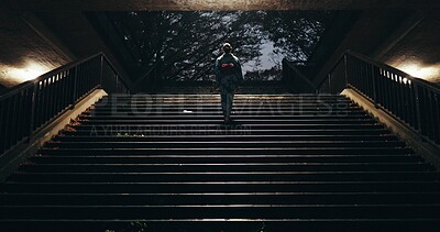 Buy stock photo Japanese woman, kimono and walking on stairs at night, city and light in heritage on journey. Young person, culture and traditional clothes in tokyo in respect, steps and pride in indigenous fashion