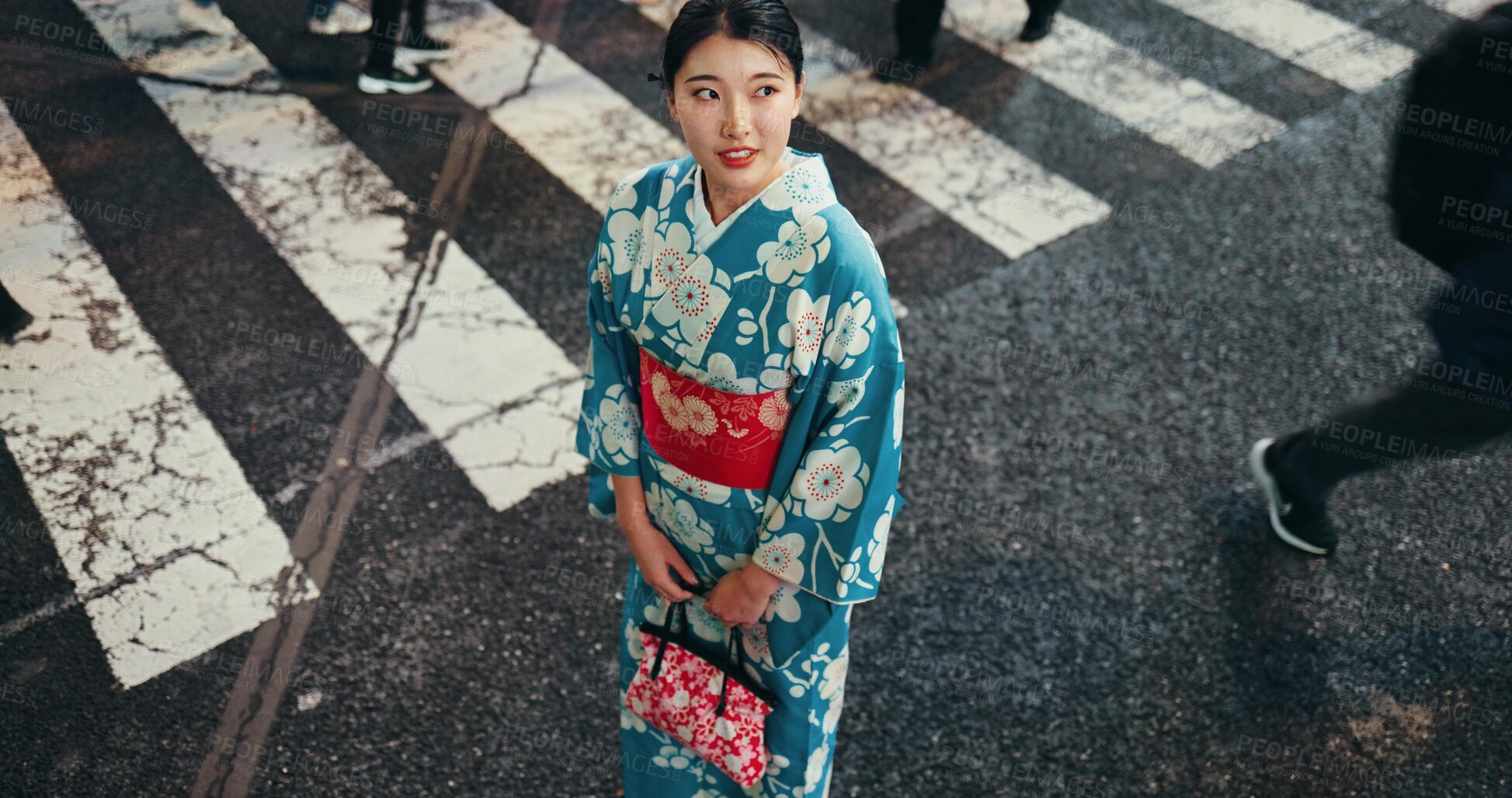 Buy stock photo Japanese, woman in traditional clothes and walk with city view and travel with journey outdoor. Fashion, adventure and urban street in Kyoto, kimono or dress for culture and style with local trip