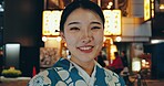 Japanese woman, kimono or happy in portrait at night, city or religion on heritage celebration. Young person, face or traditional clothes in tokyo in beauty, wellness or pride in indigenous fashion
