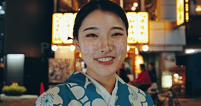 Buy stock photo Japanese woman, kimono or happy in portrait at night, city or religion on heritage celebration. Young person, face or traditional clothes in tokyo in beauty, wellness or pride in indigenous fashion