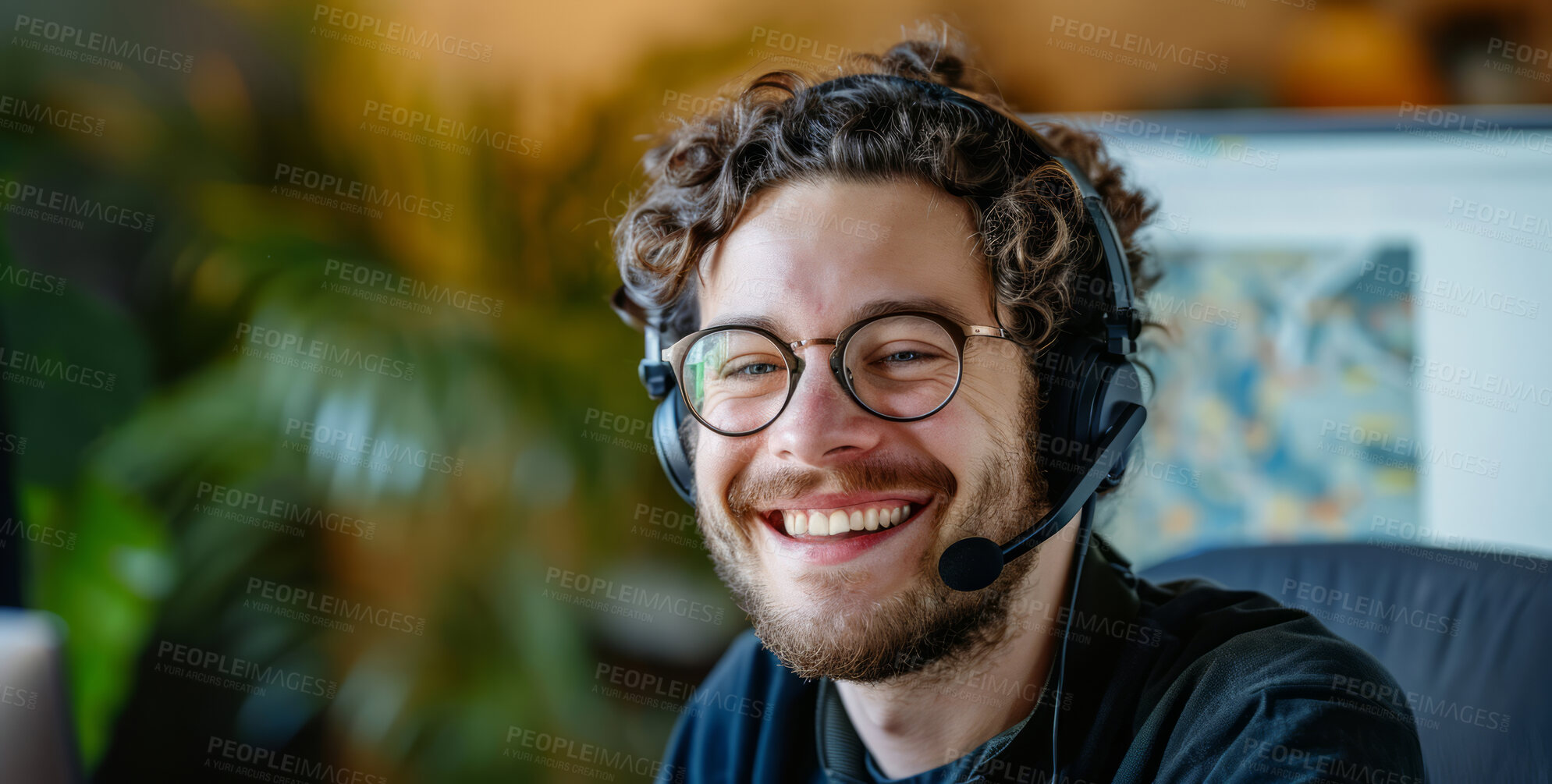 Buy stock photo Portrait, call center and man consulting with headphones for customer service, help or telemarketing. Happy, confident and consultant agent talking with headset for support, sales or online advice