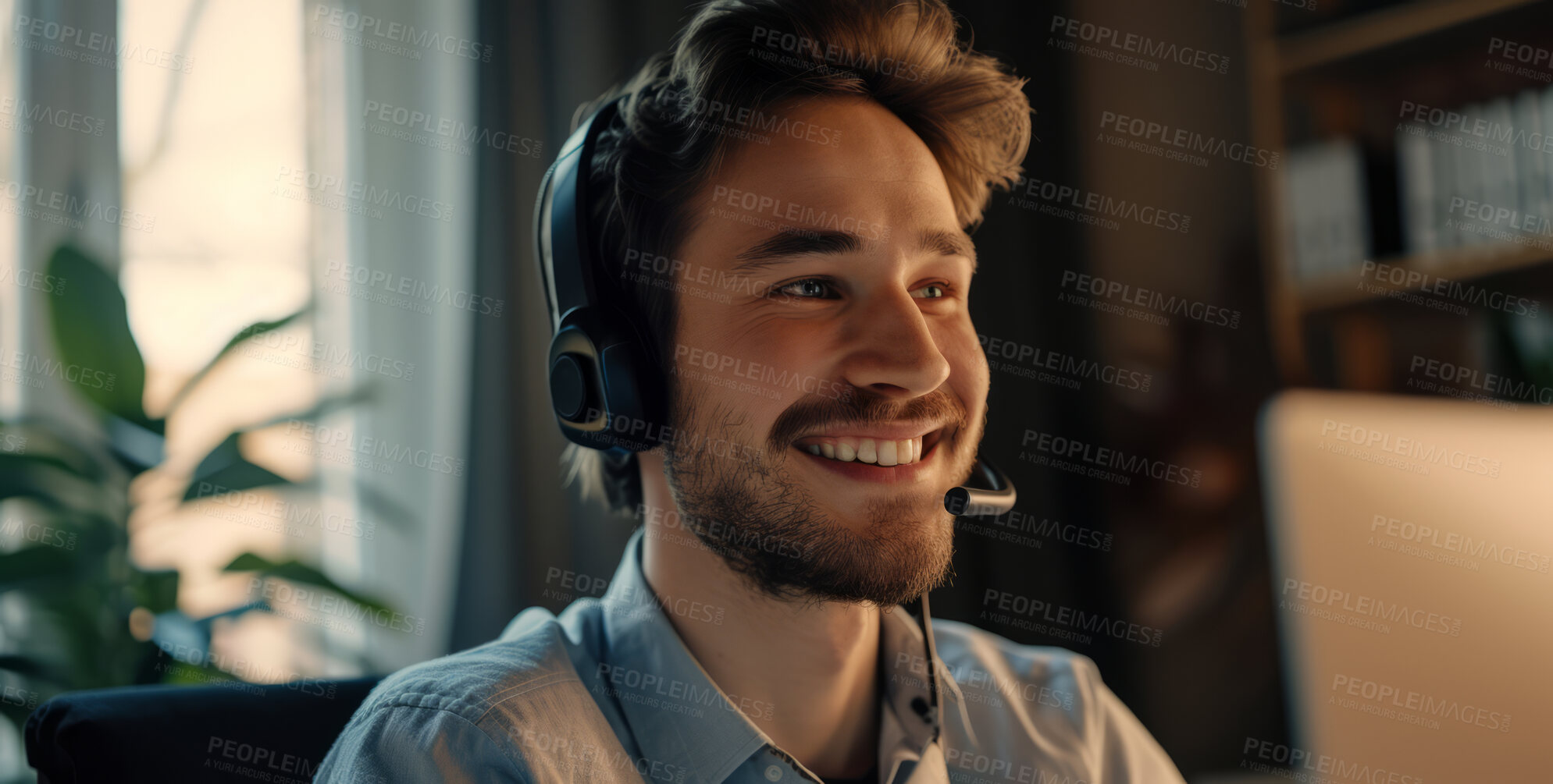 Buy stock photo Portrait, call center and man consulting with headphones for customer service, help or telemarketing. Happy, confident and consultant agent talking with headset for support, sales or online advice