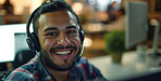 Portrait, call center and man consulting with headphones for customer service, help or telemarketing. Happy, confident and consultant agent talking with headset for support, sales or online advice