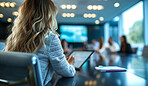Woman, boardroom and ceo of business for collaboration, teamwork and corporate meeting. Confident, back view and female executive sitting together for support, strategy and leadership in workplace