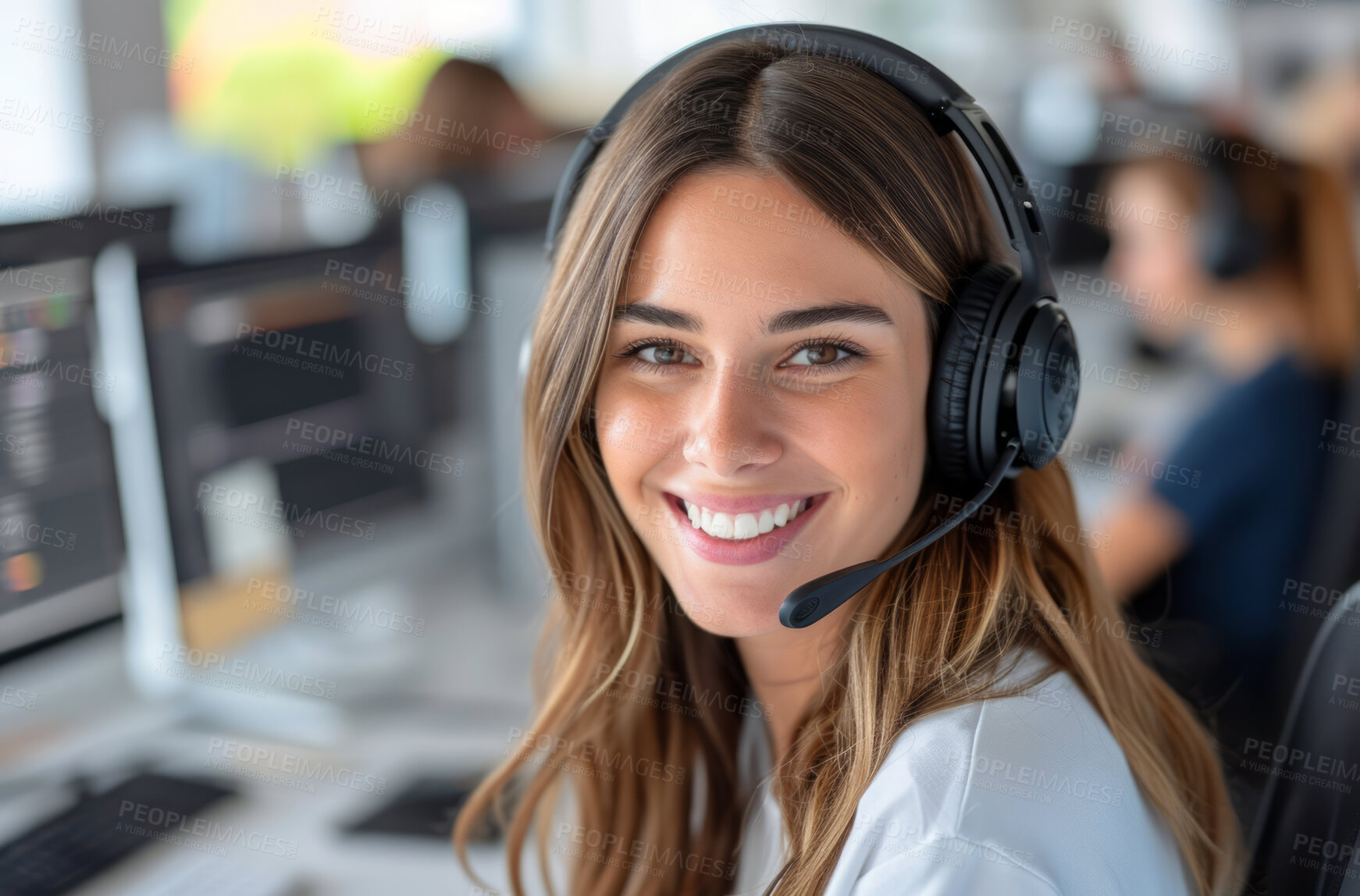 Buy stock photo Portrait, call center and consulting with headphones for customer service, help or telemarketing. Happy, confident and consultant agent talking with headset for support, sales or online advice