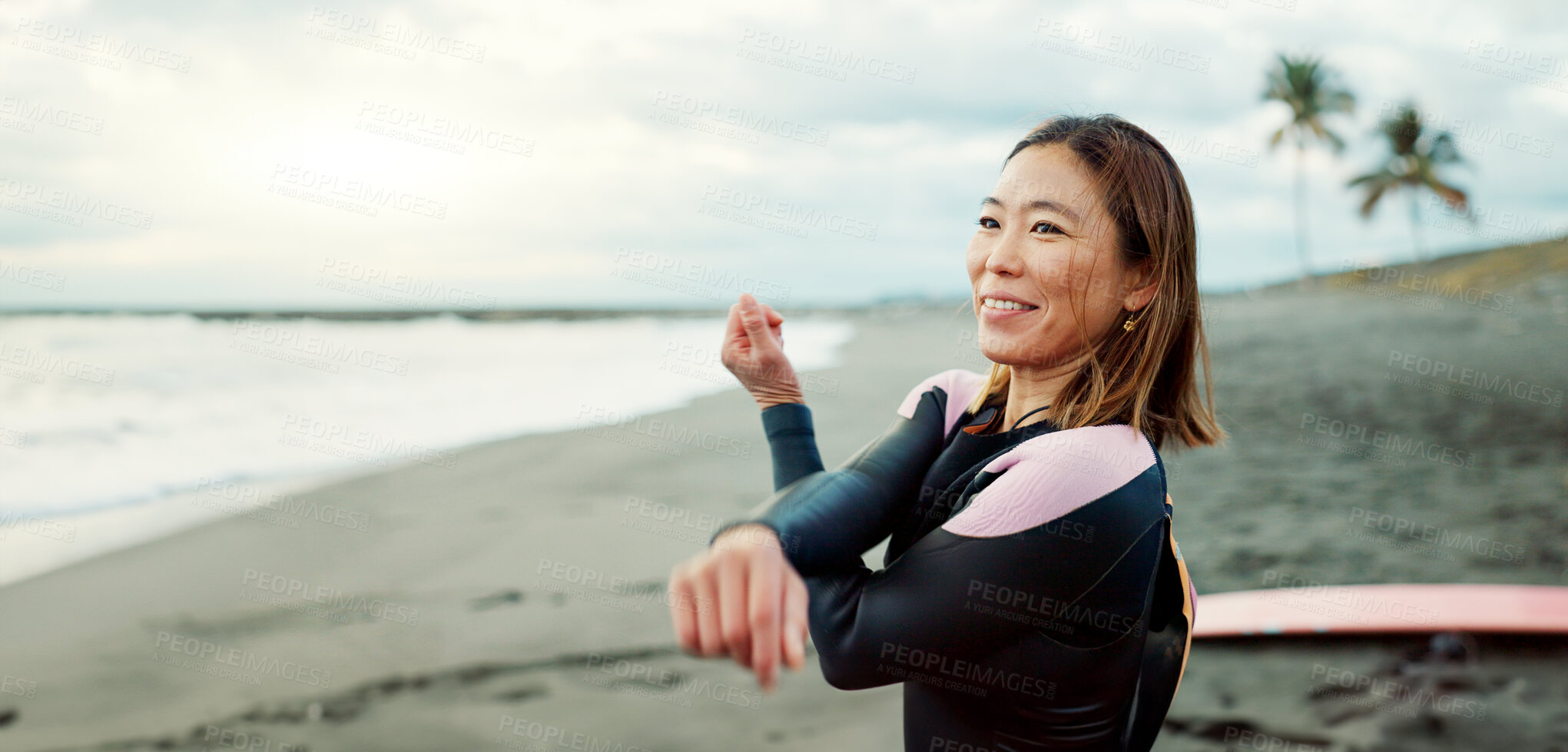 Buy stock photo Surfer, beach and woman with summer, stretching and vacation with getaway trip, workout and training. Person, Japan and girl with ocean, waves and exercise with warm up, adventure and wellness