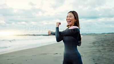 Buy stock photo Surfing, beach and woman with stretching, fitness and vacation with getaway trip, workout and training. Person, Japan and funny with ocean, waves and exercise with warm up, adventure and wellness