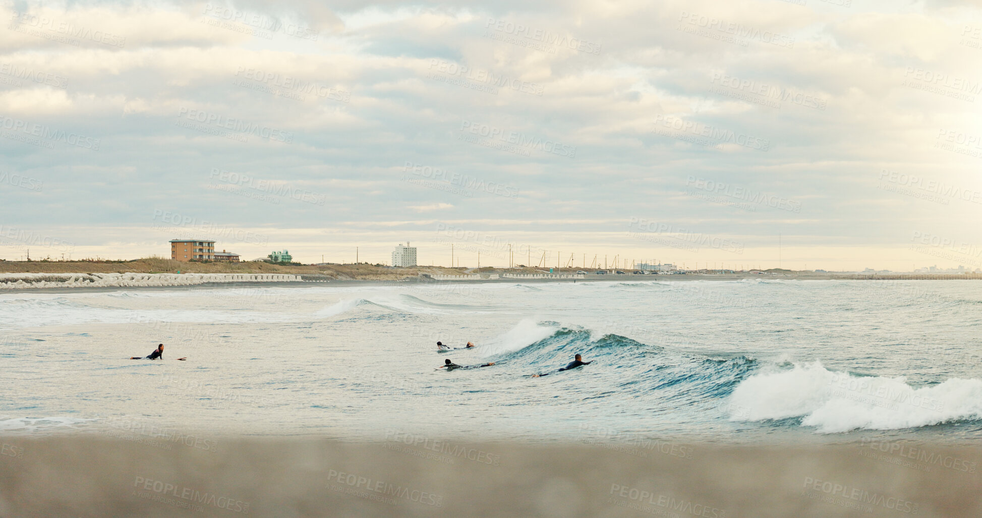 Buy stock photo Sea, sports and people surfing at beach on blue sky for fitness, health or recreation in summer. Exercise, nature and water with surfer group in ocean for travel, holiday or vacation on coast space