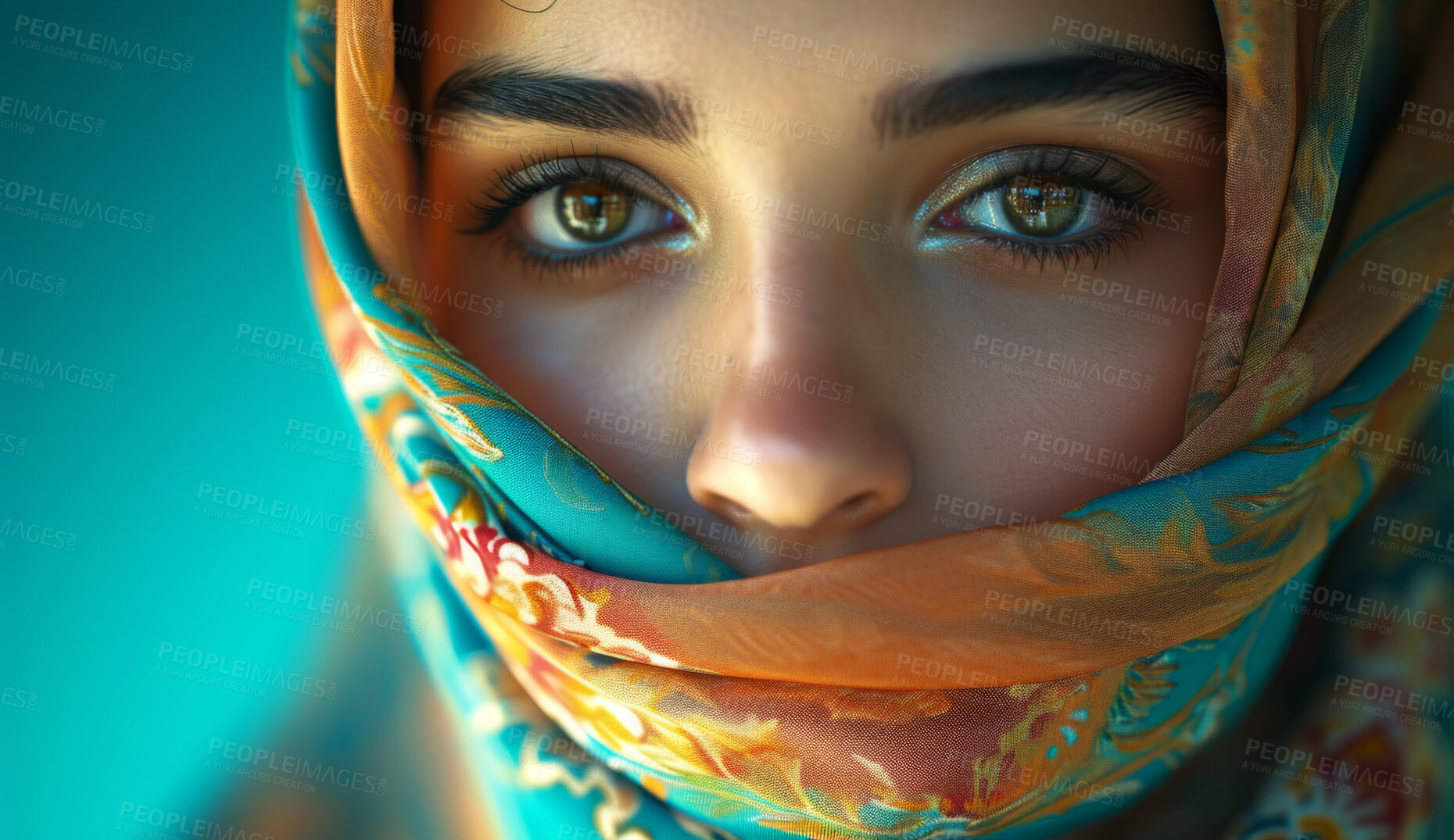 Buy stock photo Muslim, portrait and woman wearing a traditional scarf or hijab for beauty fashion, modesty, and Islam. Confident, vibrant and beautiful shot of girl with colorful textile for awareness and hope