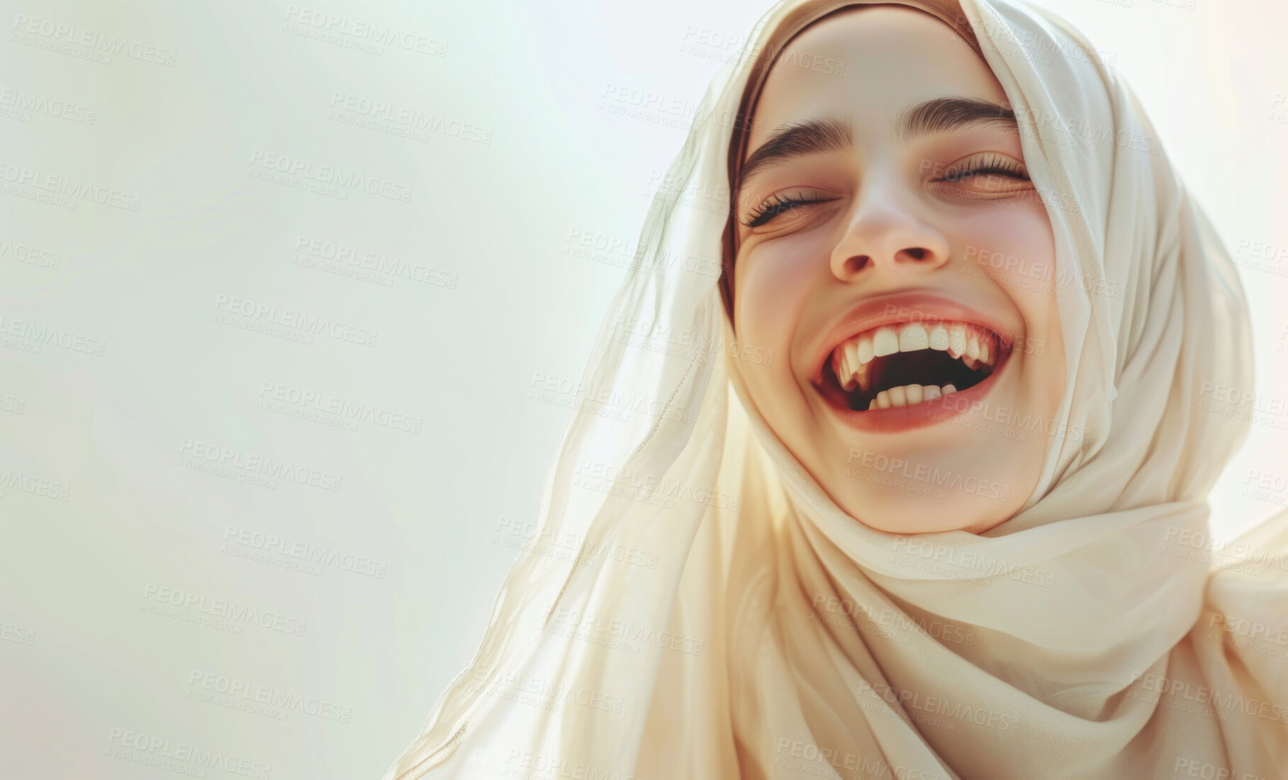 Buy stock photo Muslim, portrait and woman wearing a traditional scarf or hijab for beauty fashion, modesty, and Islam. Confident, smile and beautiful shot of happy girl for protest awareness, religion and hope