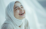 Muslim, portrait and woman wearing a traditional scarf or hijab for beauty fashion, modesty, and Islam. Confident, smile and beautiful shot of happy girl for protest awareness, religion and hope